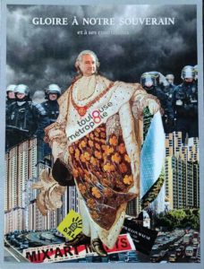 Gloire à notre souverain ! portrait satyrique de Moudenc avec des policiers en nombre piétinant Mix'art Myrys, le DAl et le pavillon Mazar ses dernières victimes sur fond de bétonnage de la ville et de flot de voitures