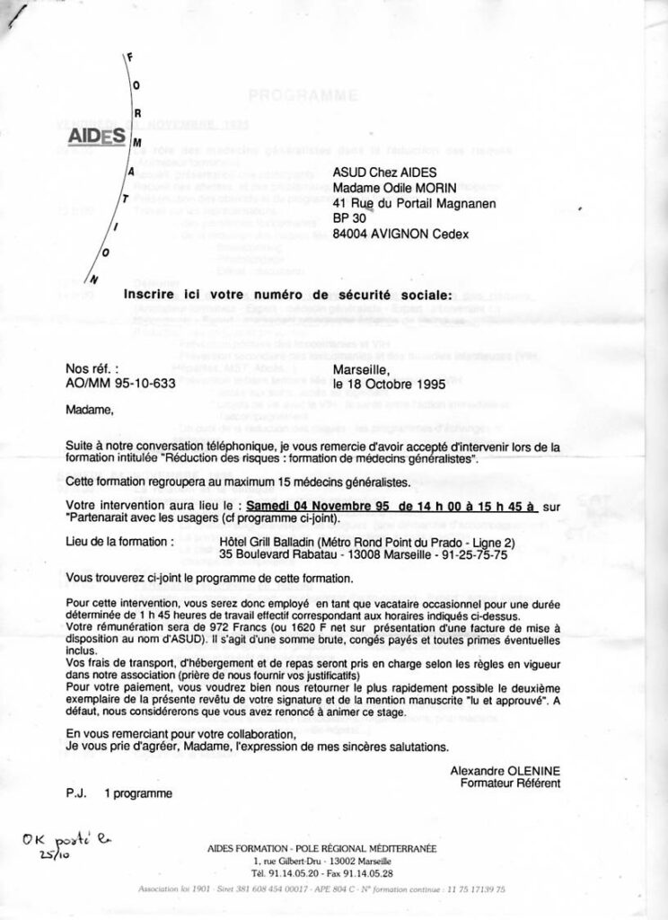 Lettre de Aides formation à Odile Maurin présidente d'Asud Avignon lui demandant d'intervenir pour une formation intitulée Réduction des risques : formation de médecins généralistes en novembre1995
