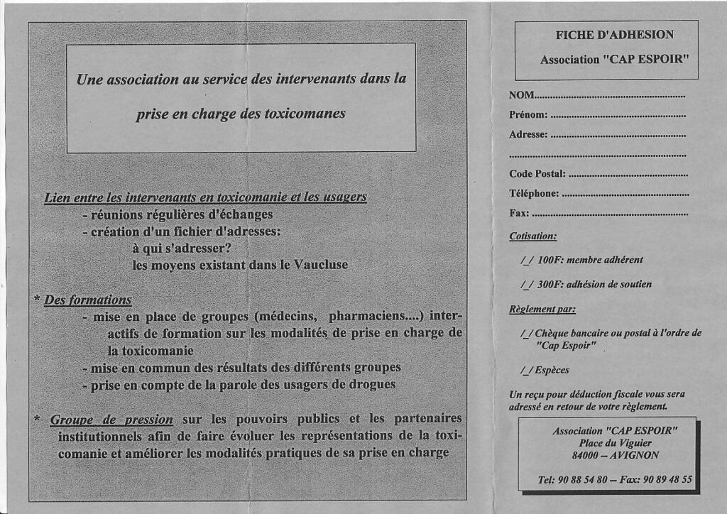 Flyer de présentation de l'association Cap Espoir Association pour la prise en charge des toxicomanes en ville de la région d'Avignon - page 2