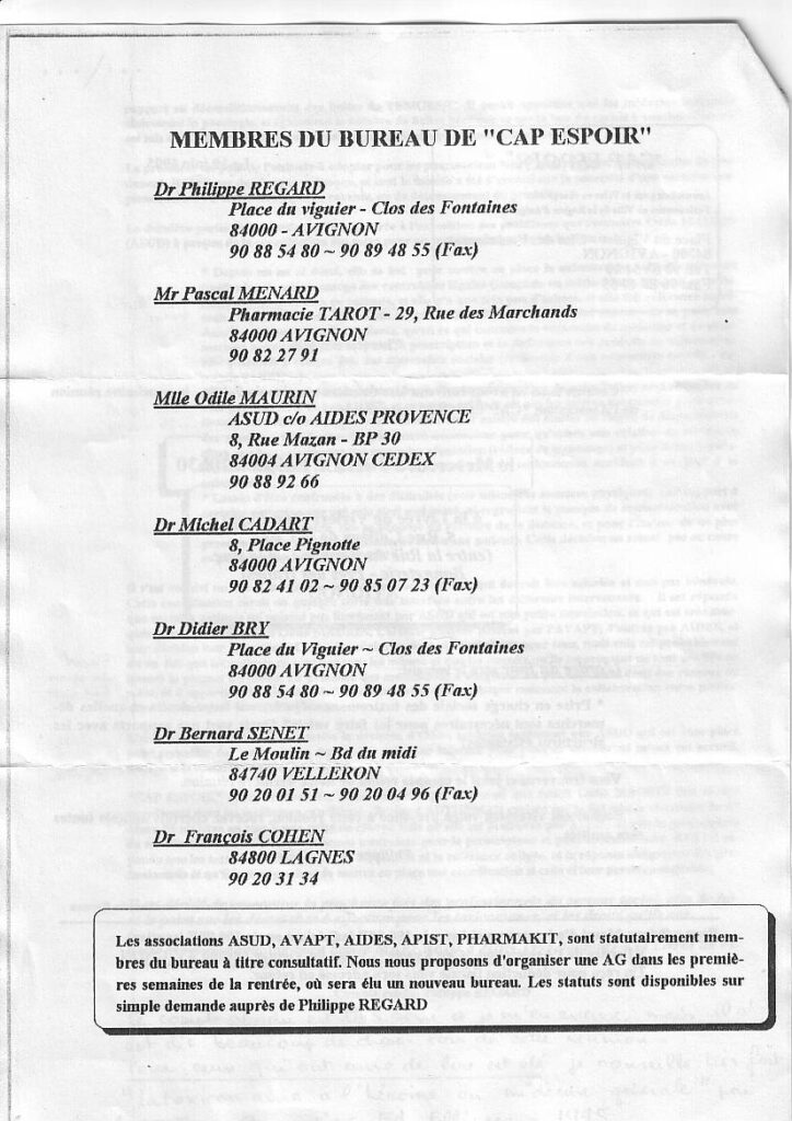 Liste des membres du bureau de l'association Cap Espoir en 1995 dont Odile Maurin vice-présidente