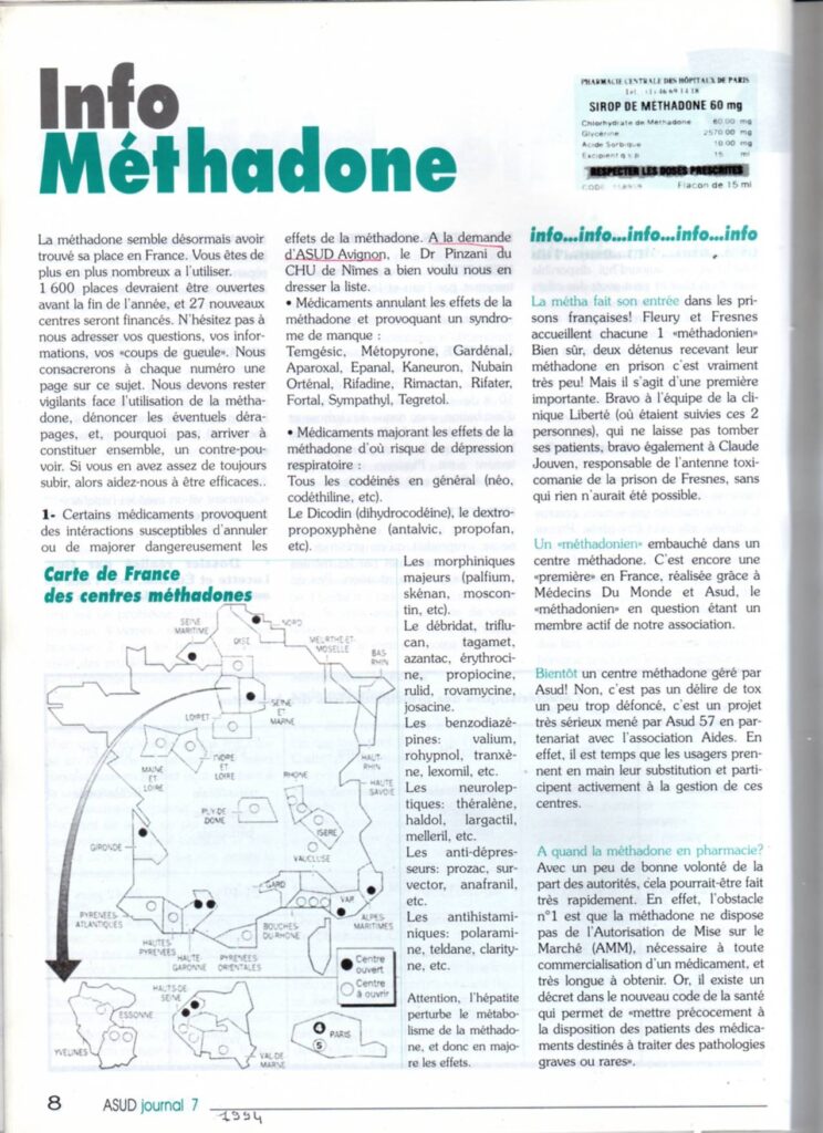 Extrait d'Asud journal n° 7 de 1994 : Diffusion par Asud Avignon de la liste des médicaments qui peuvent interagir avec la Méthadone (information inconnue alors des médecins prescrivant dans les centres !)