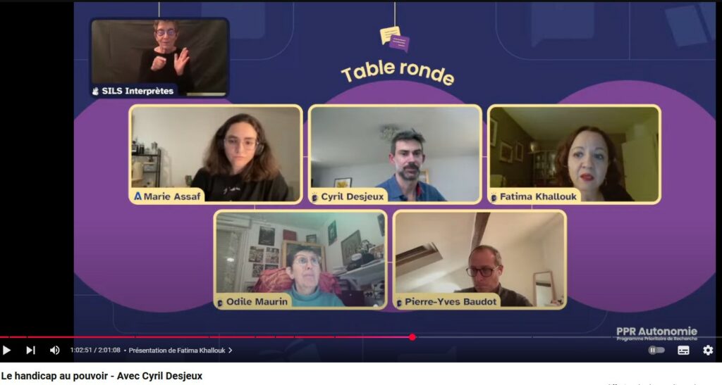 Capture d'écran de l'émission avec les participants à la table ronde animée par Marie Assaf du CNRS, avec Cyril Desjeux, Fatima Khallouk, Pierre-Yves Baudot, et Odile Maurin avec leurs photos