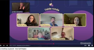 Capture d'écran de l'émission avec les participants à la table ronde animée par Marie Assaf du CNRS, avec Cyril Desjeux, Fatima Khallouk, Pierre-Yves Baudot, et Odile Maurin avec leurs photos