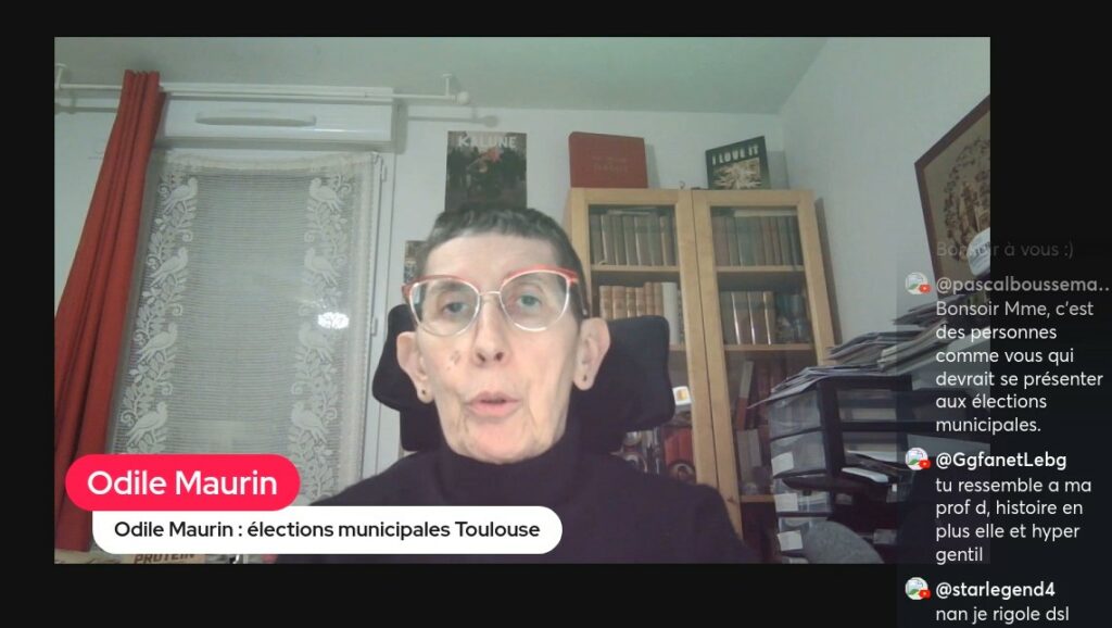 Capture d'écran de l'intervention vidéo du 13 mars 26 d'Odile Maurin pour faire connaître ses positions et ses choix pour les élections municipales de Toulouse pour le premier tour le 15 mars.