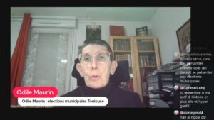 Capture d'écran de l'intervention vidéo du 13 mars 26 d'Odile Maurin pour faire connaître ses positions et ses choix pour les élections municipales de Toulouse pour le premier tour le 15 mars.