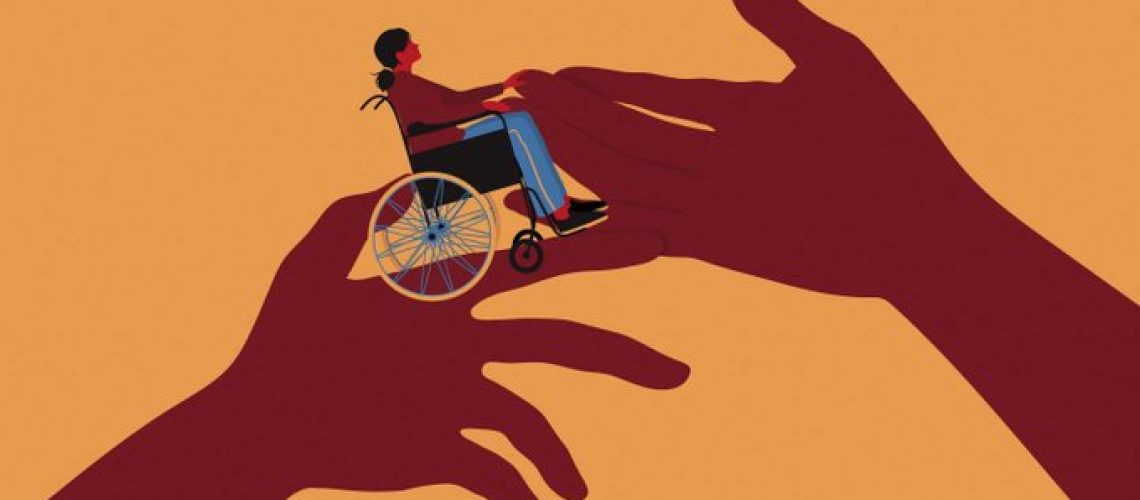 Dessin de couverture de la tribune du monde avec 2 mains et une personne e nfauteuil roulant qui passe de main en main