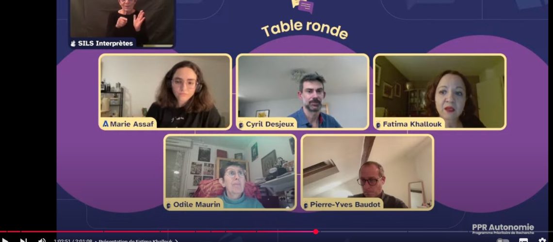 Capture d'écran de l'émission avec les participants à la table ronde animée par Marie Assaf du CNRS, avec Cyril Desjeux, Fatima Khallouk, Pierre-Yves Baudot, et Odile Maurin avec leurs photos